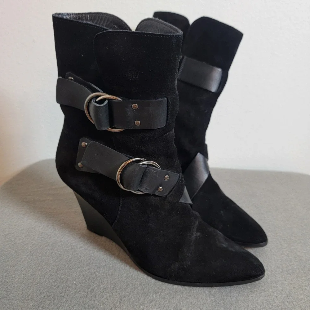 Givenchy Black Suede Leather Buckle Wedge Ankle Boots Pointed Toe Italy EU 38.5